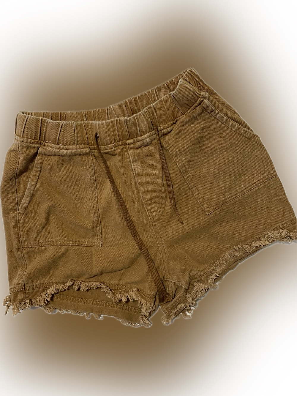 Frayed Hem Drawstring Jean Shorts in Tan